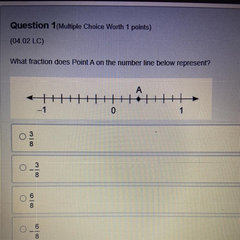 What fraction does Point A on the number line below represent? 3/8 -3/8 6/8 -6/8-example-1