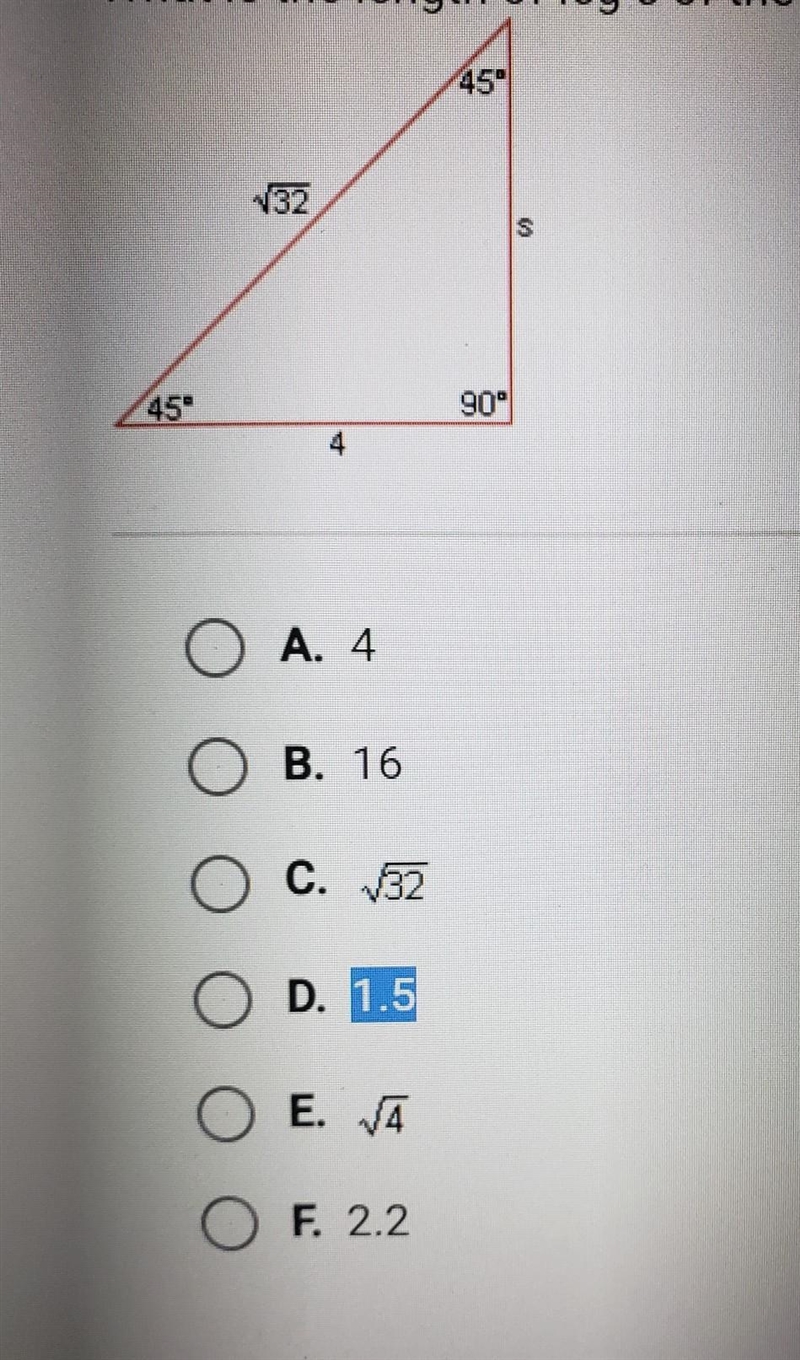 What is the length of leg s of the triangle below?​-example-1