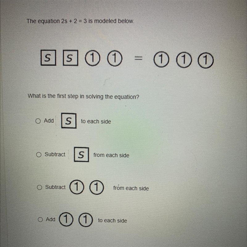 POSSIBLE POINTS The equation 2s + 2 = 3 is modeled below. S = 0 0 0 What is the first-example-1