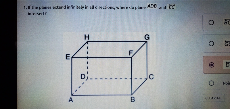 If the planes extend infinitely in all directions, where do plane ADB and line EC-example-1