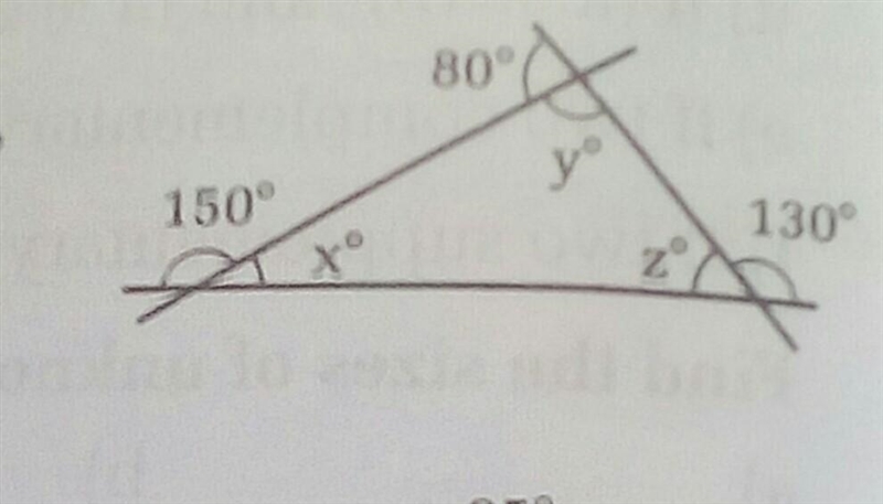 Copy the diagram and calculate the sizes of x°, yº and zº. What is the sum of the-example-1