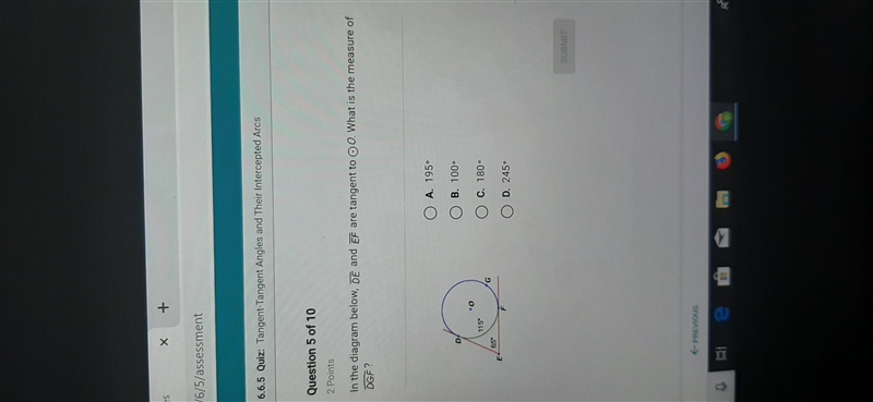 In the diagram below,DE and EF are tangent to 0.What is the measure of DGF?-example-1