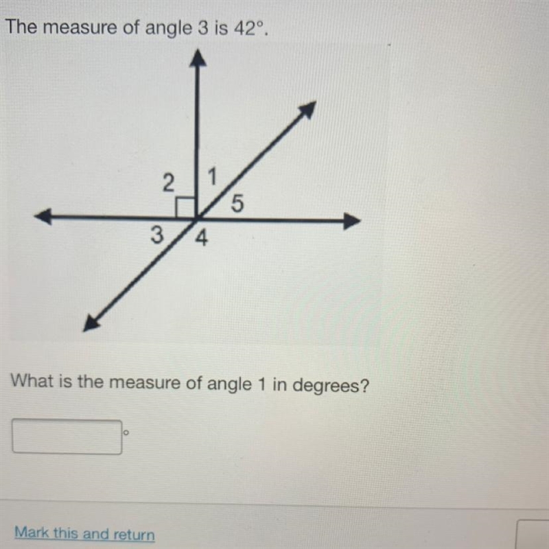 The measure of angle 3 is 42°. What is the measure of angle 1 in degrees?-example-1