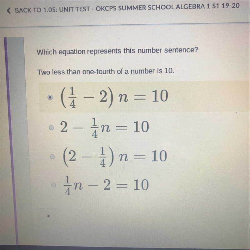 Which equation represents this number sentence? Two less than one-fourth of a number-example-1