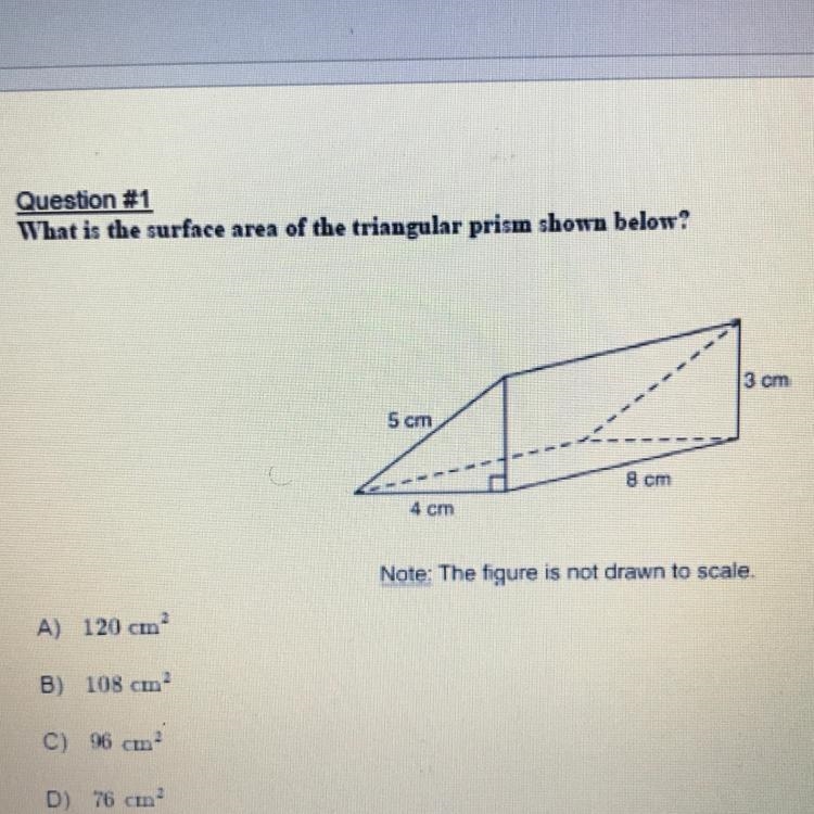 What is the surface area of the triangular prism shown below? Note: The A) 120 cm-example-1