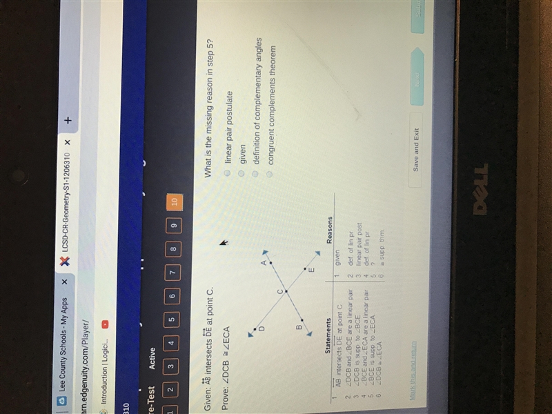 Given AB intersects DE at point C. prove: DCB = ECA. What is the missing reason in-example-1