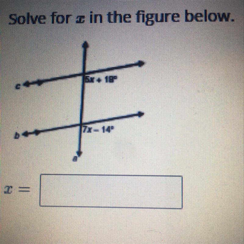 Solve for x in the figure below 5x+18 7x-14-example-1