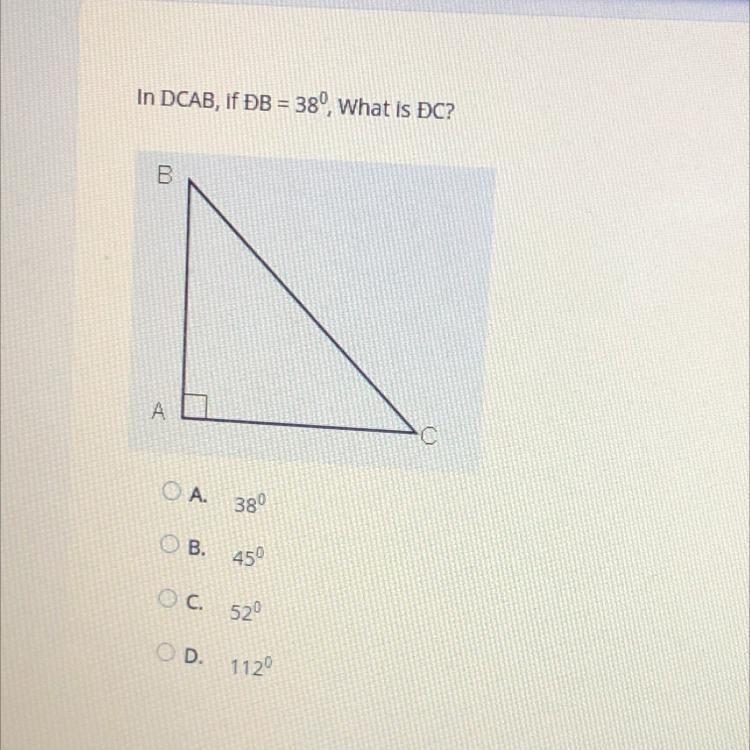 In DCAB, If DB=38, What is DC? 38 45 52 112-example-1