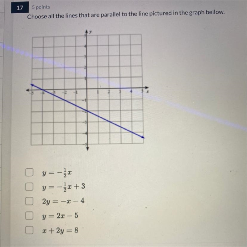 Choose all the lines that are parallel to the line pictured in the graph bellow.-example-1