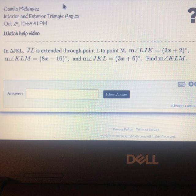 In AJKL, JL is extended through point L to point M, mZLJK = (2x + 2)°, mZKLM = (82 – 16)°, and-example-1