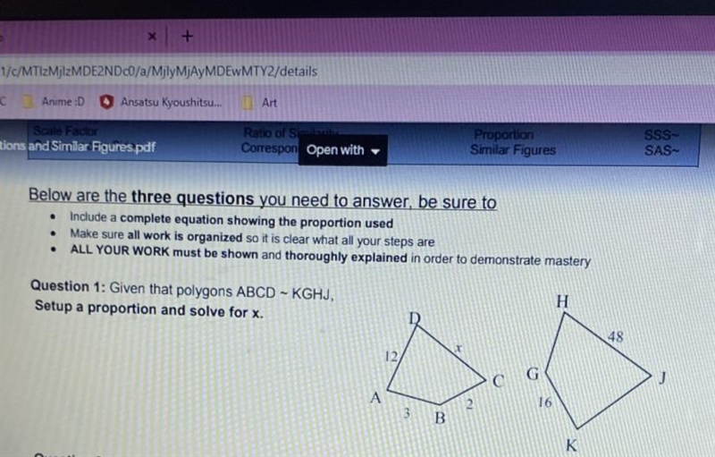 Given that polygons ABCD is similar to KGHJ Set up a proportion and solve for X-example-1