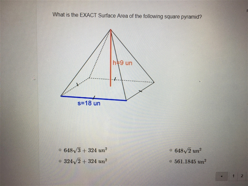 What is the exact surface area of the following square pyramid?-example-1