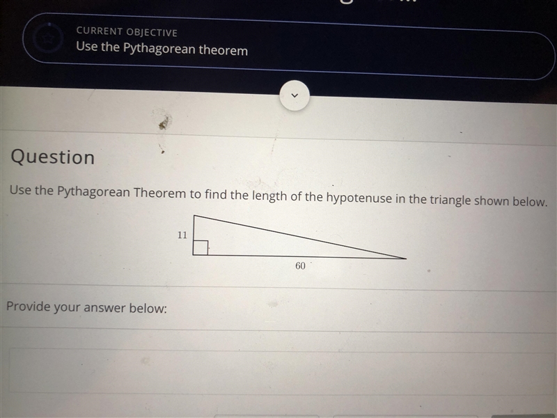 Use pythagorean theorem to find the length of the hypotenuse in the triangle shown-example-1