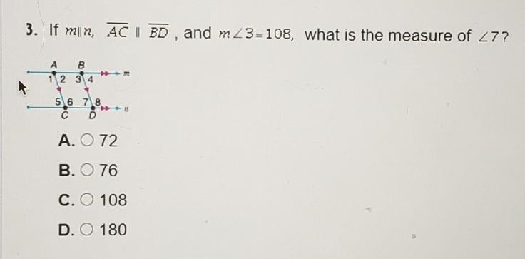 Of mlln, line AC ll line BD, and m angle 3 - 108, what is the measure of angle 7​-example-1