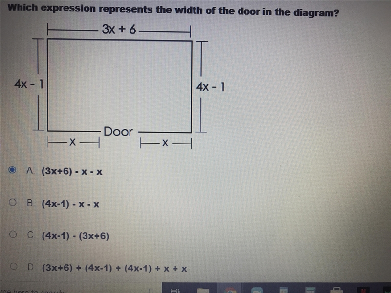 Which expressions represent the width of the door in the diagram? And please show-example-1