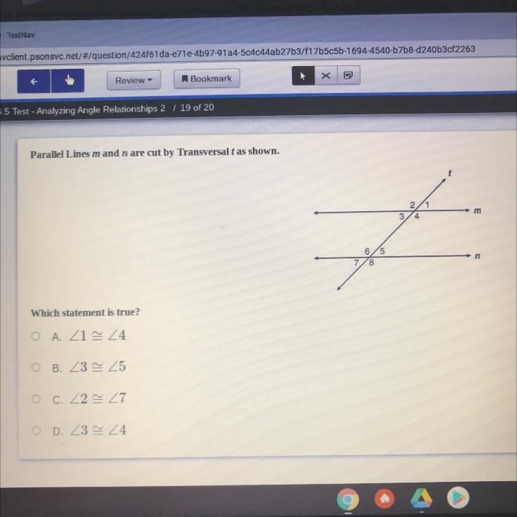 Parallel Lines M and N are cut by Transversal T as shown. Which statement is true-example-1