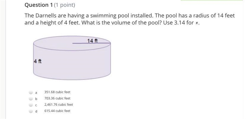 The Darnells are having a swimming pool installed. The pool has a radius of 14 feet-example-1