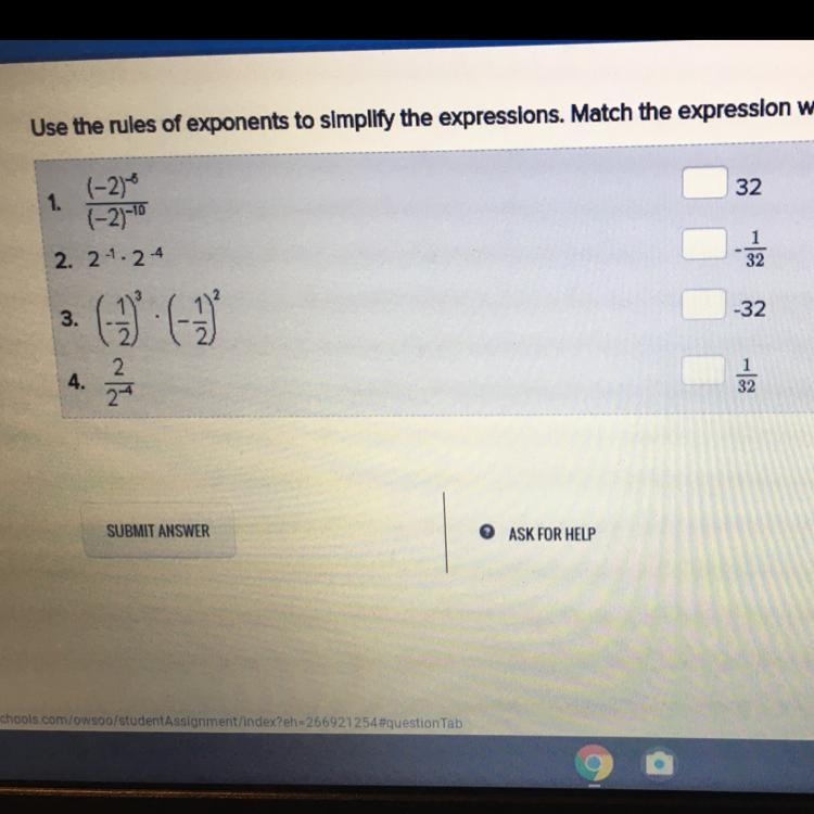 Use the rules of exponents to simplify the expressions. Match the expression with-example-1