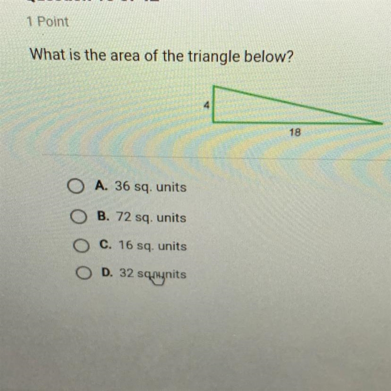 What is the area of the triangle below? 18-example-1