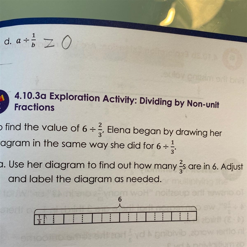 To find the value of 6 divided by 2/3 Elena began by drawing her diagram in the same-example-1