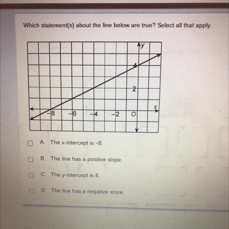 Which statement(s) about the line below are true? Select all that apply.-example-1