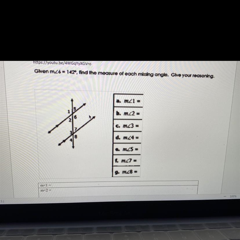 Given m<6=142 find the measure of each missing angle,give your reasoning-example-1