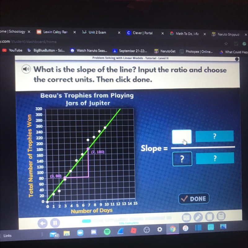 What is the slope of the line? Input the ratio and choose the correct units. Then-example-1