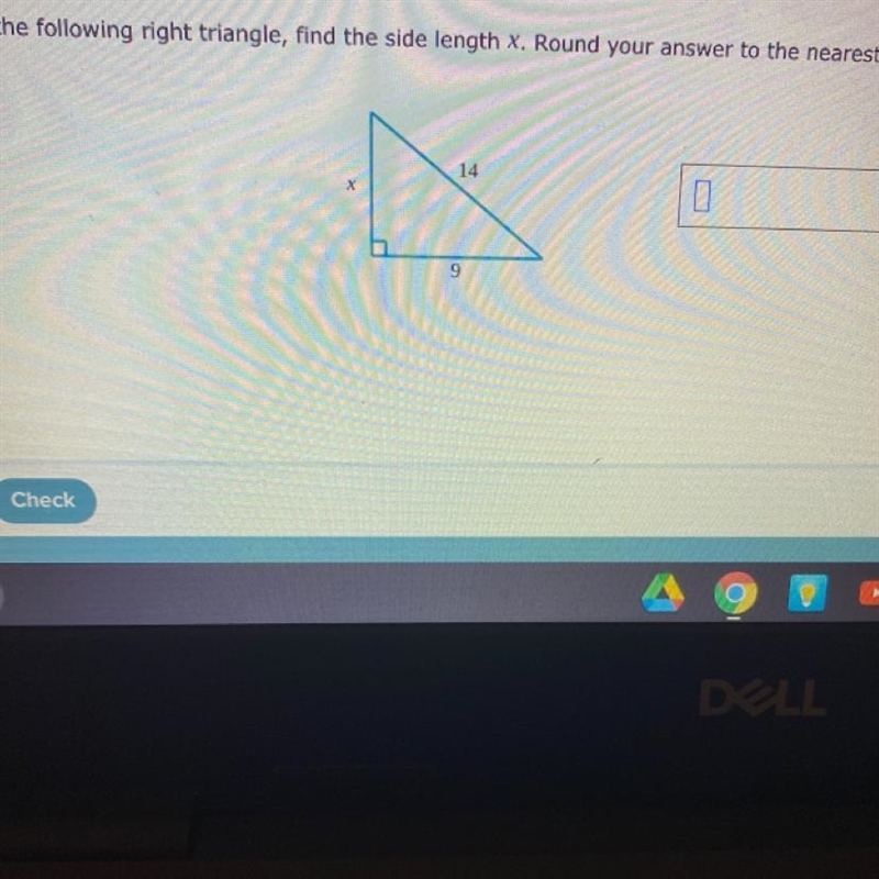 For the following right triangle, find the size length X. Round your answer to the-example-1