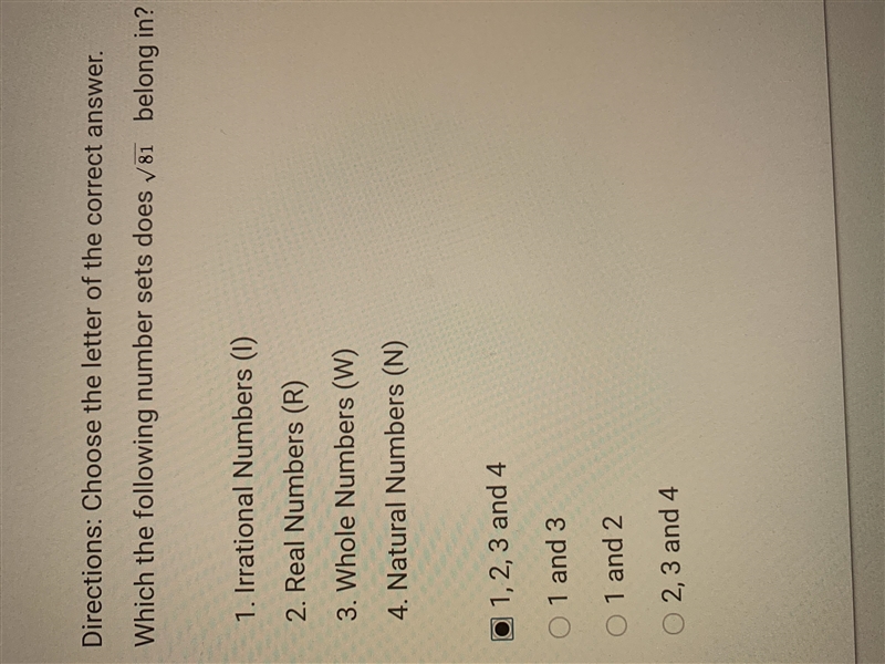 Which of the following number sets does 82 squares belong in? 1,2,3 and 4 1 and 3 1 and-example-1