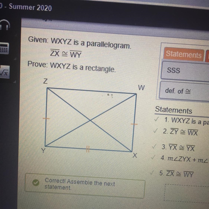 Given: WXYZ is a parallelogram. ZX WY Prove: WXYZ is a rectangle-example-1