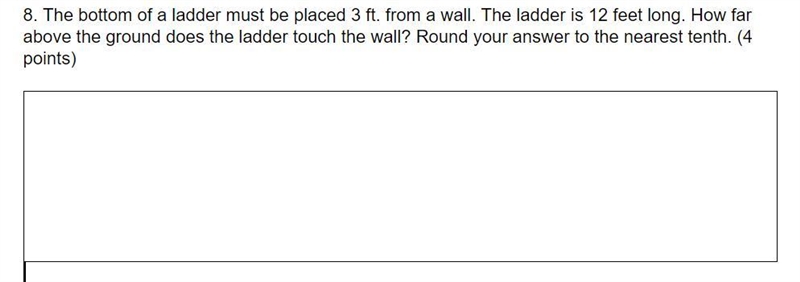 The bottom of a ladder must be placed 3 ft. from a wall. The ladder is 12 feet long-example-1