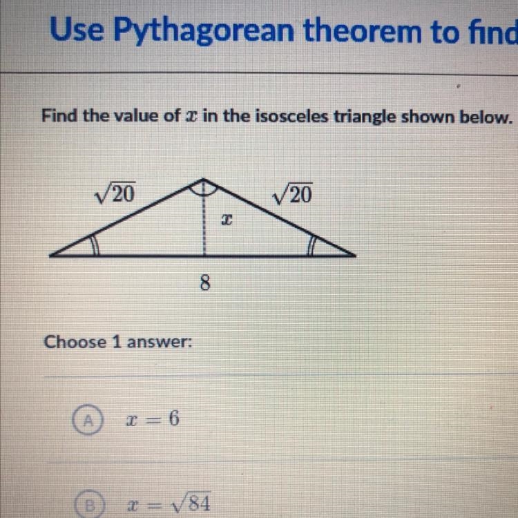 Find the value of z in the isosceles triangle shown below. V20 V20 8-example-1