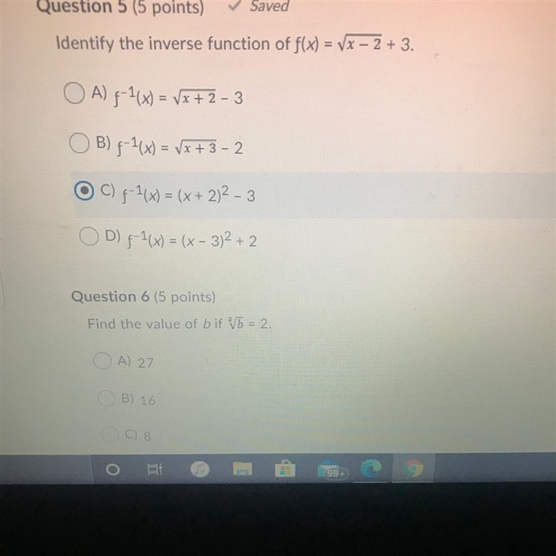 Identify the inverse function of f(x) = VX - 2 + 3.-example-1