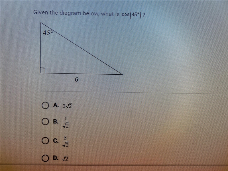 Given the diagram below what is cos (45degree)?-example-1