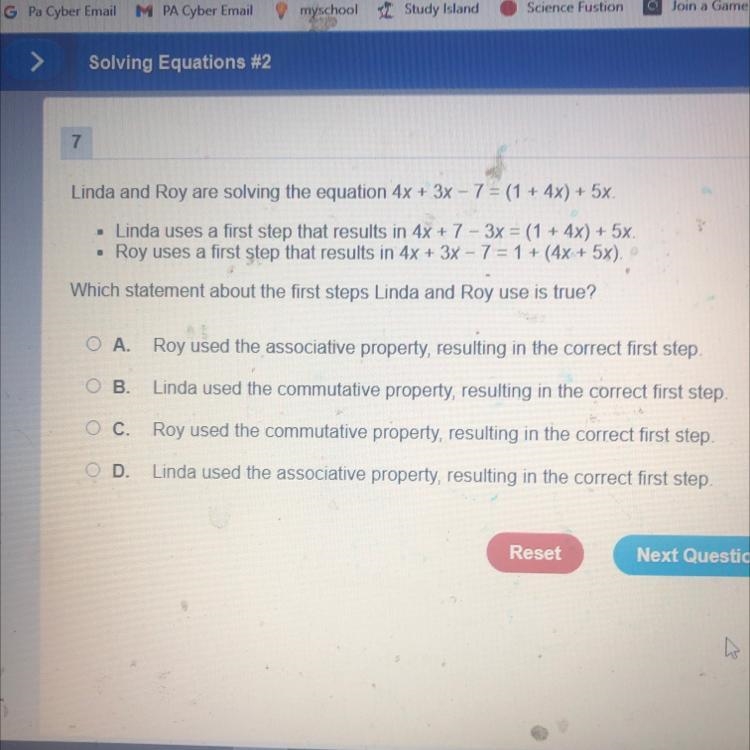 Linda and Roy are solving the equation 4x+3x-7=(1+4x)+5x. Linda uses a first step-example-1