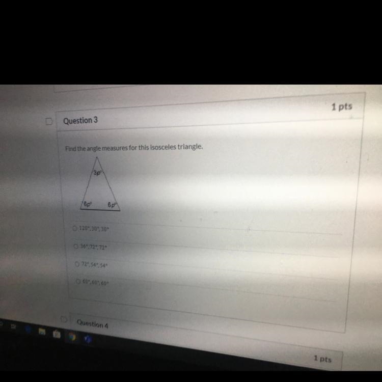 Find the angle measures for this isosceles triangle.-example-1