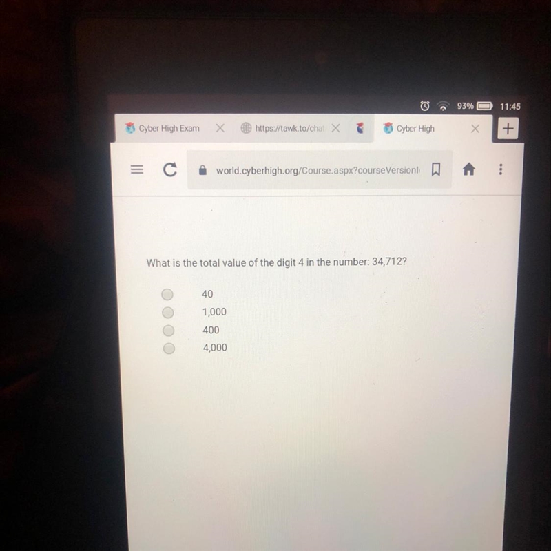 What is the total value of the digit 4 in the number: 34,712? 40 1,000 400 4,000-example-1