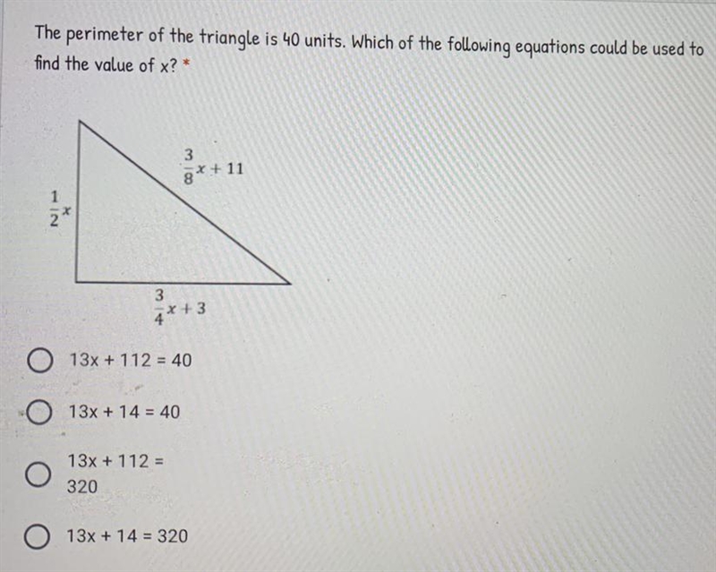 The perimeter of the triangle is 40 units.Which of the following equations could be-example-1