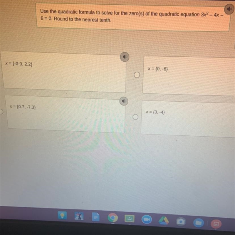 Use the quadratic formula to solve the zero(s) of the quadratic equation 3x^2-4x-6=0. Round-example-1