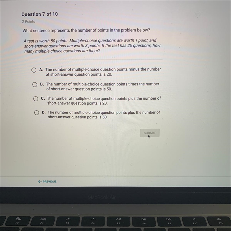 What sentence represents the number of points in the problem below? A test is worth-example-1