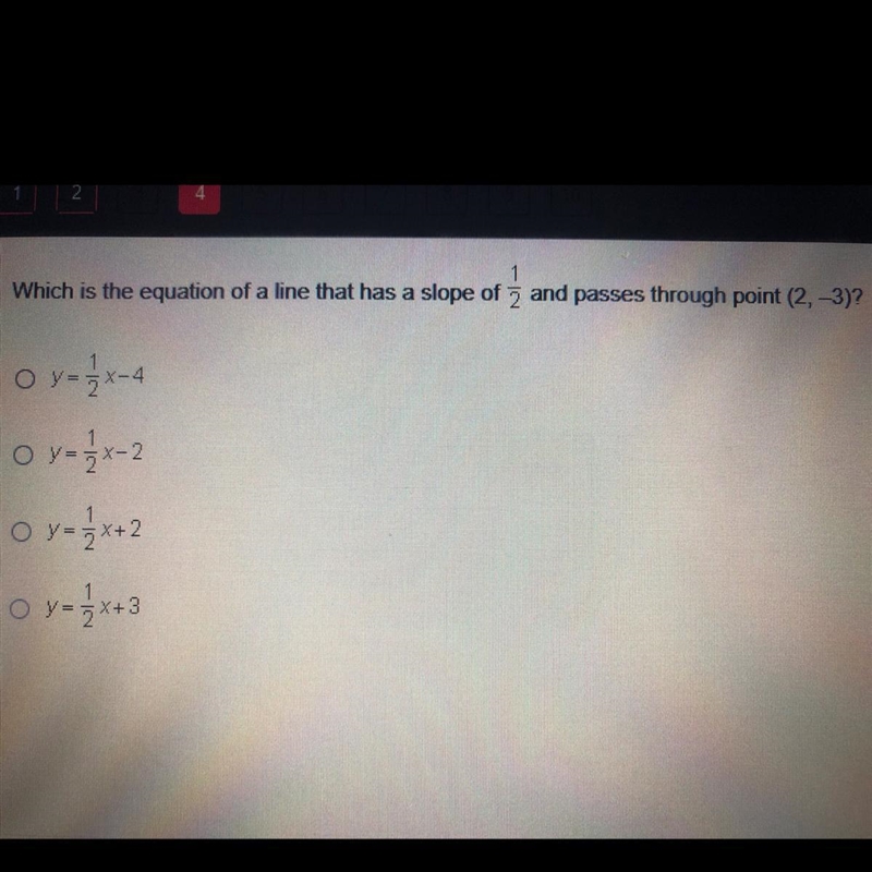 PLEASE HELP !! Which is the equation of a line that has a slope of 1/2 and passes-example-1