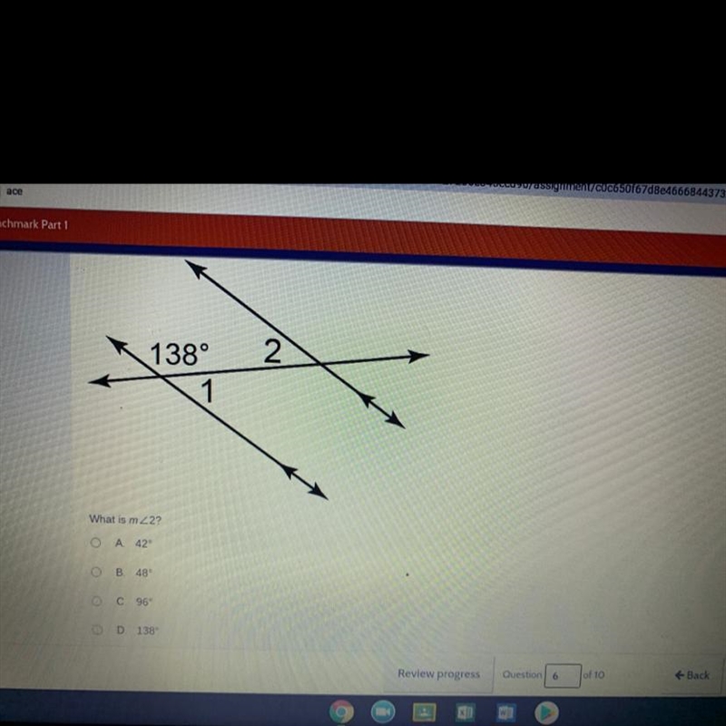 2 138° 1 What is m 22?-example-1