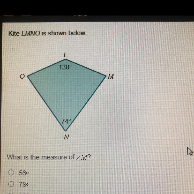 Kite LMNO is shown below. What is the measure of angle M​-example-1