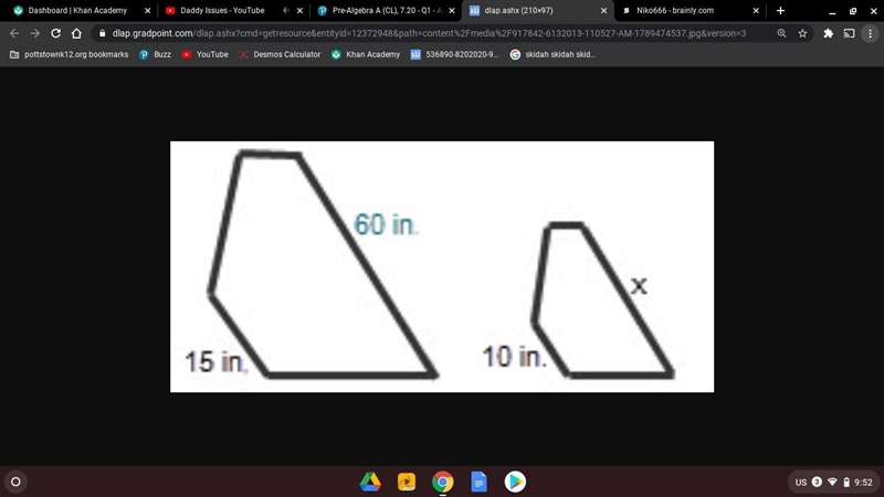 The pair of polygons is similar. Find the value of x. A. 2.5 in. B. 5 in. C. 35 in-example-1