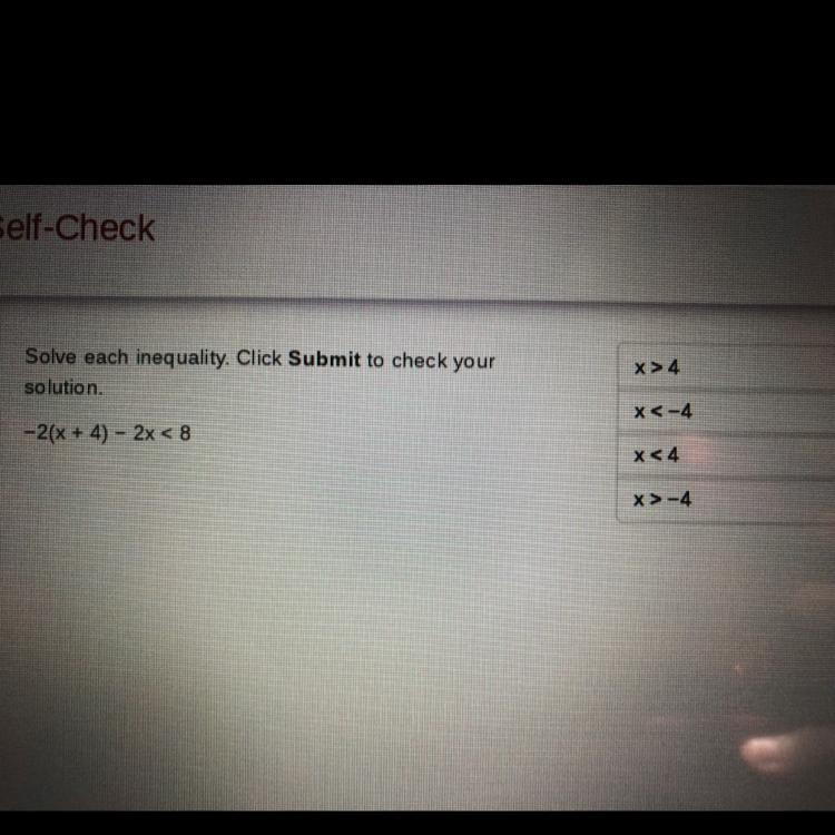 -2(x + 4) - 2x < 8...need help-example-1