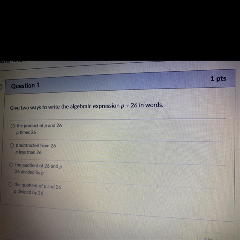 Give two ways to write the algebraic expression p + 26 in words the product-example-1