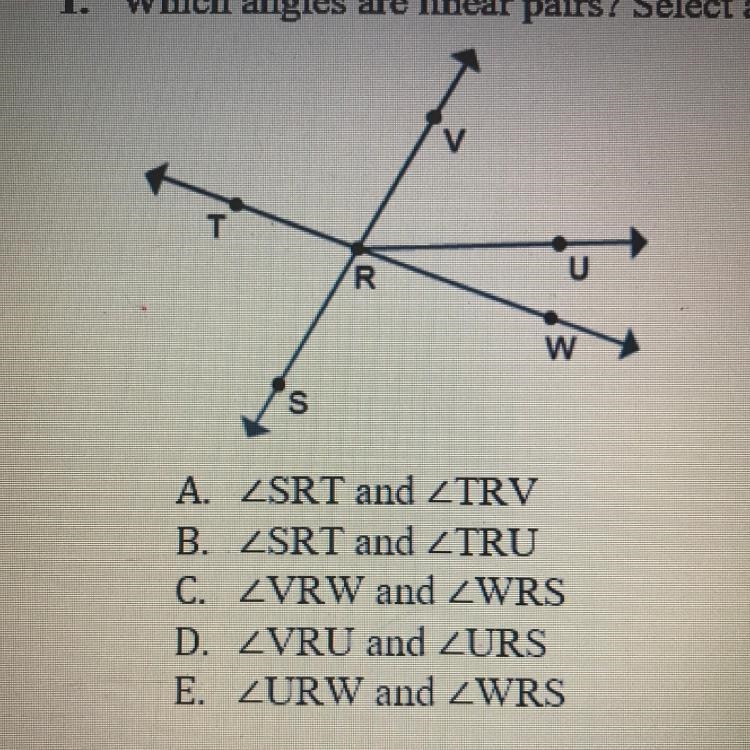 1. Which angles are linear pairs? Select all that apply. PLEASE HELP ASAP-example-1