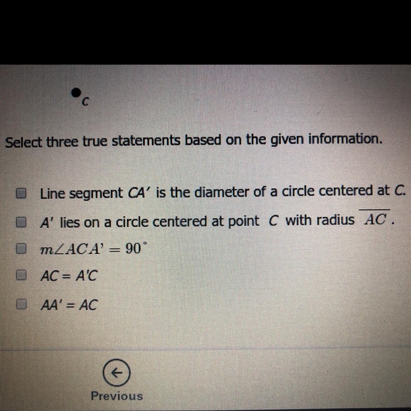 Point A is rotated 90 degrees counterclockwise around point C to form the image A-example-1