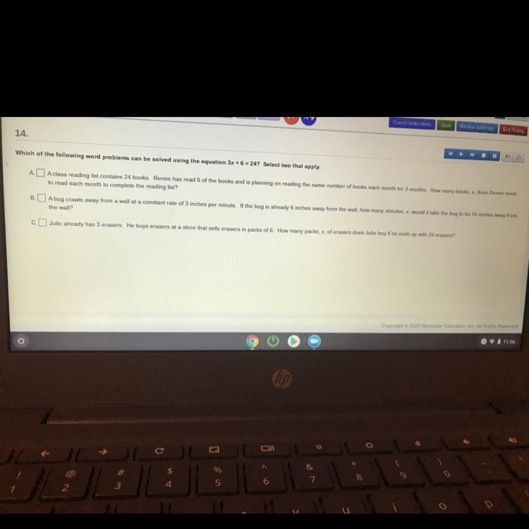 14. Which of the following word problems can be solved using the equation 3x + 6 = 24?-example-1