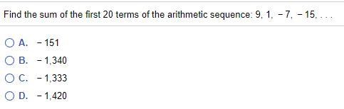 Find the sum of the first 20 terms of the arithmetic​ sequence: (Use image below)-example-1